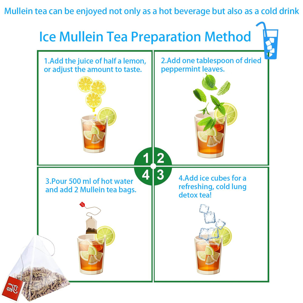 SAMCCI mullein tea bag texture emphasizes additive-free, caffeine-free leaves.