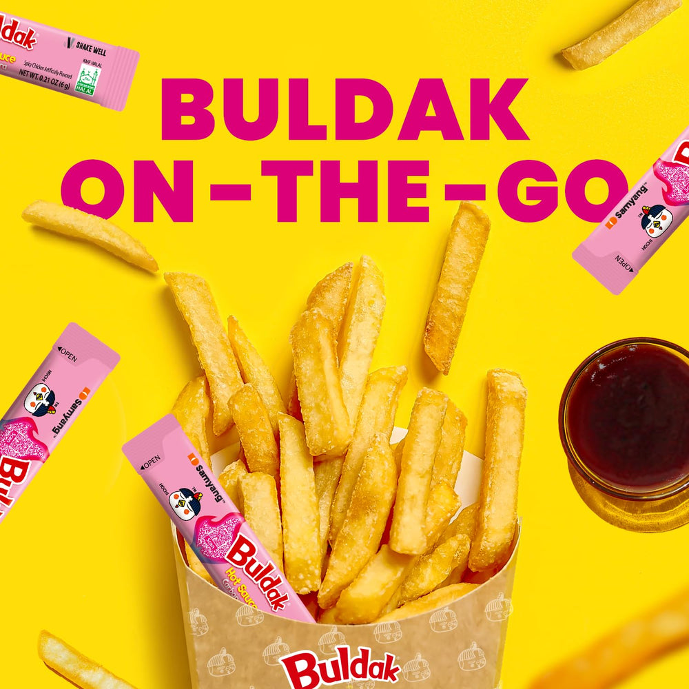 Samyang Buldak Carbonara packaging featuring a 50-sachet pouch for easy stocking.