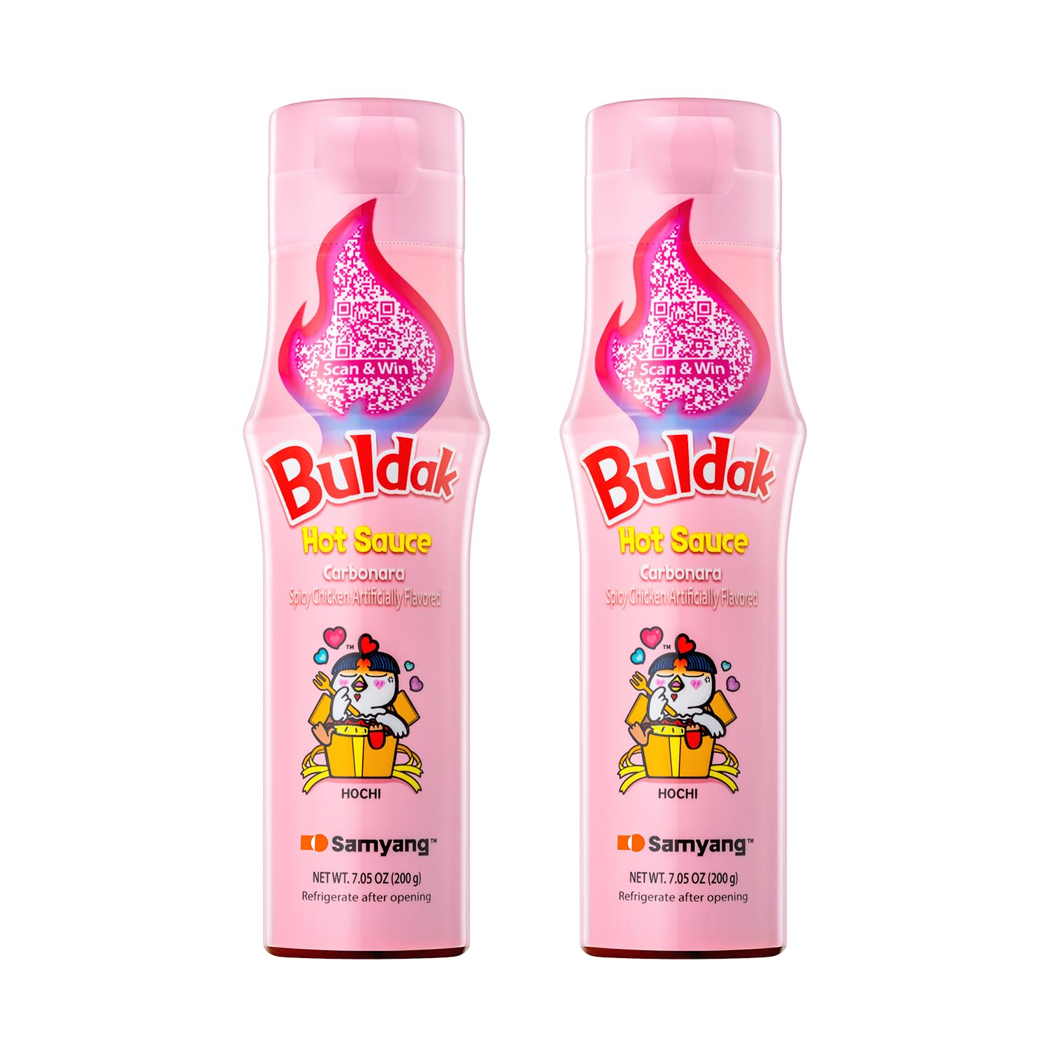 Samyang Buldak carbonara sauce bottle pouring for creamy spicy dishes.