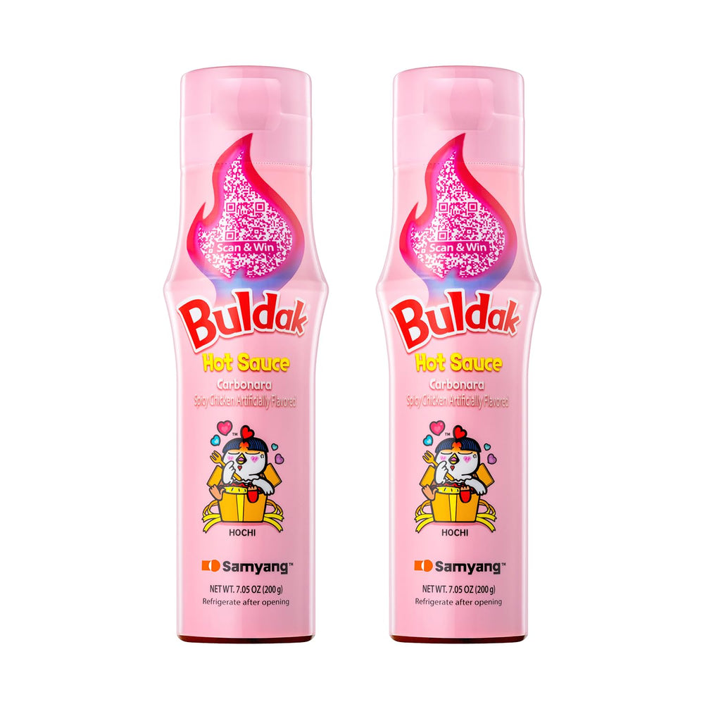 Samyang Buldak carbonara sauce bottle pouring for creamy spicy dishes.