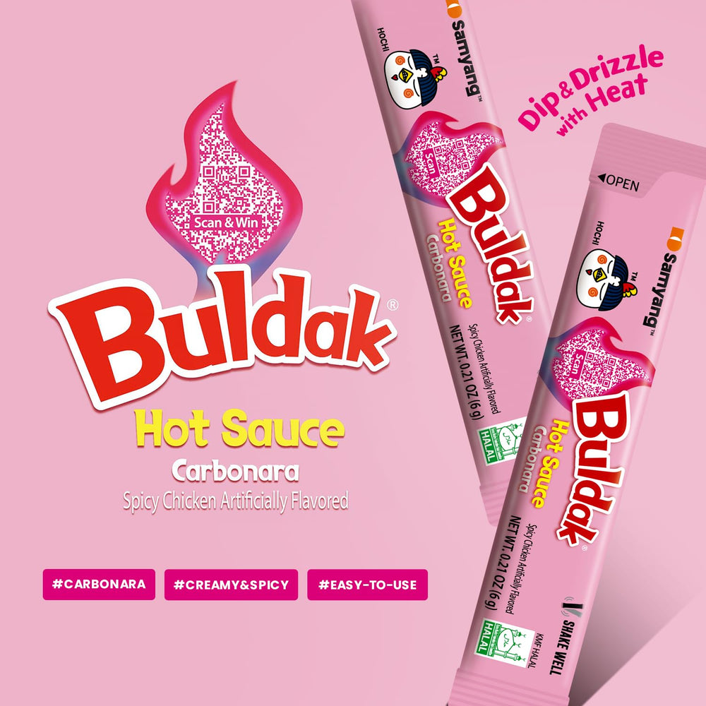 Samyang Buldak Carbonara sauce pouch ready for sharing heat with friends.