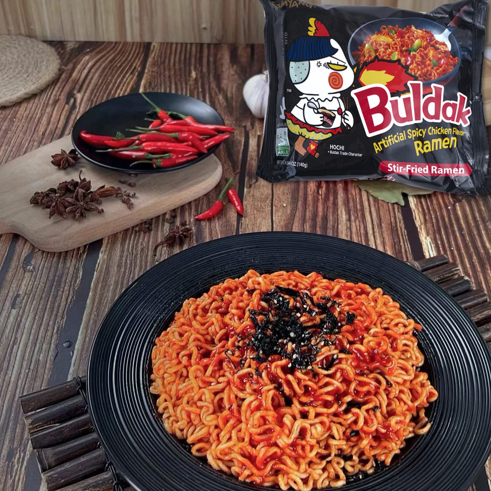Steaming serving bowl of Samyang Buldak hot chicken ramen ready to enjoy