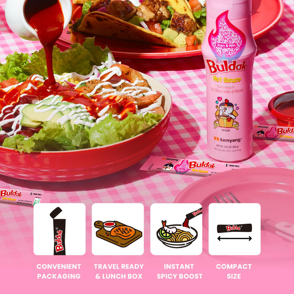 Samyang Buldak Spicy Chicken Stick Sauce pack highlighting sharing-ready heat.