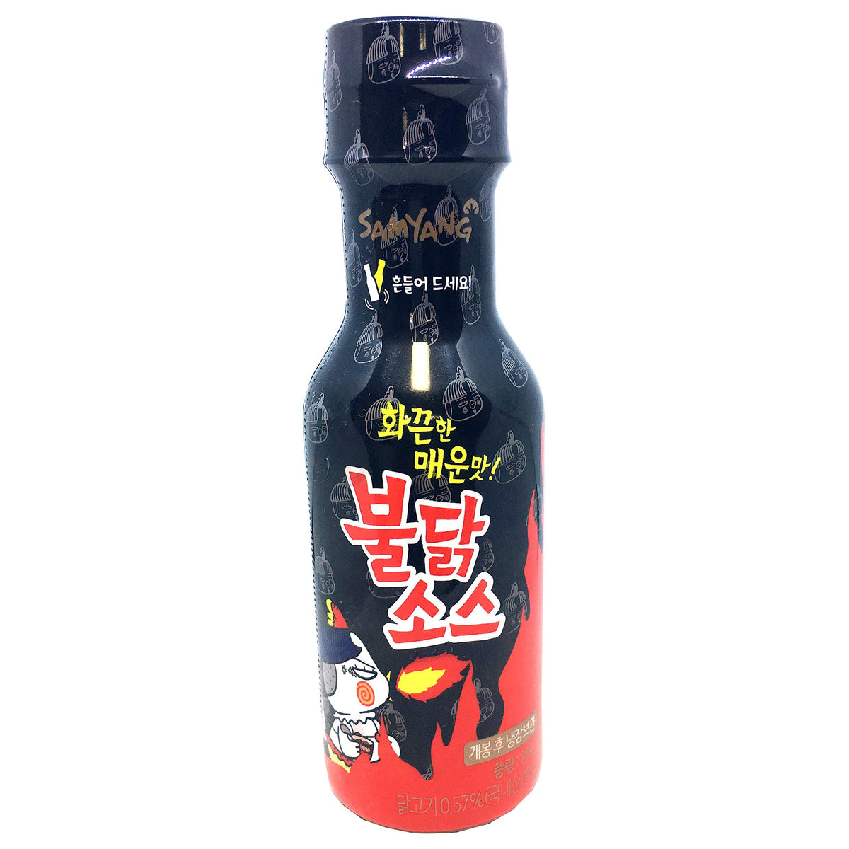 Samyang Bulldak Fire sauce bottle, bold Korean heat for dipping.
