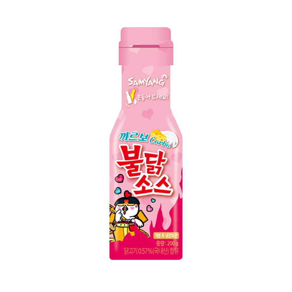 Samyang Carbo Buldak bottle being poured adds smoky heat to meals