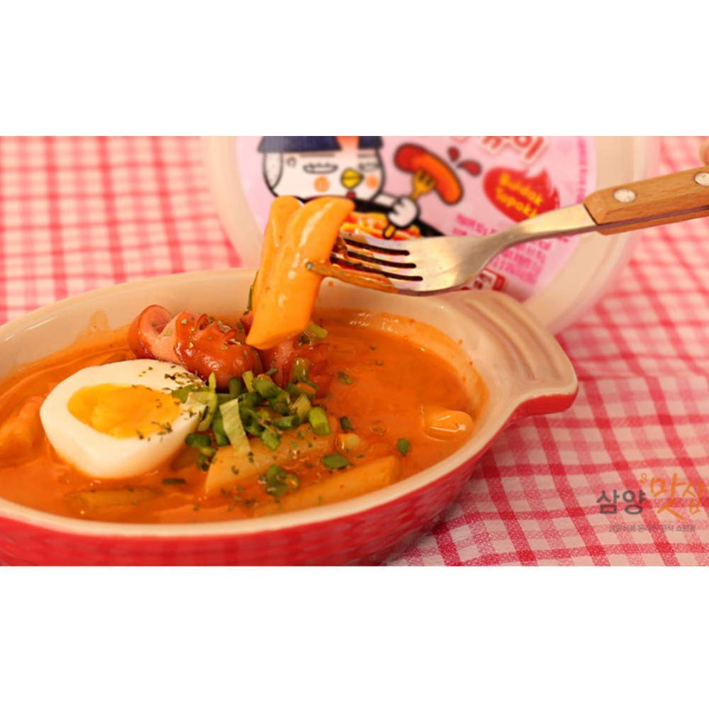 Samyang Carbo Buldak raw tteokbokki rice cakes for quick, satisfying heat.