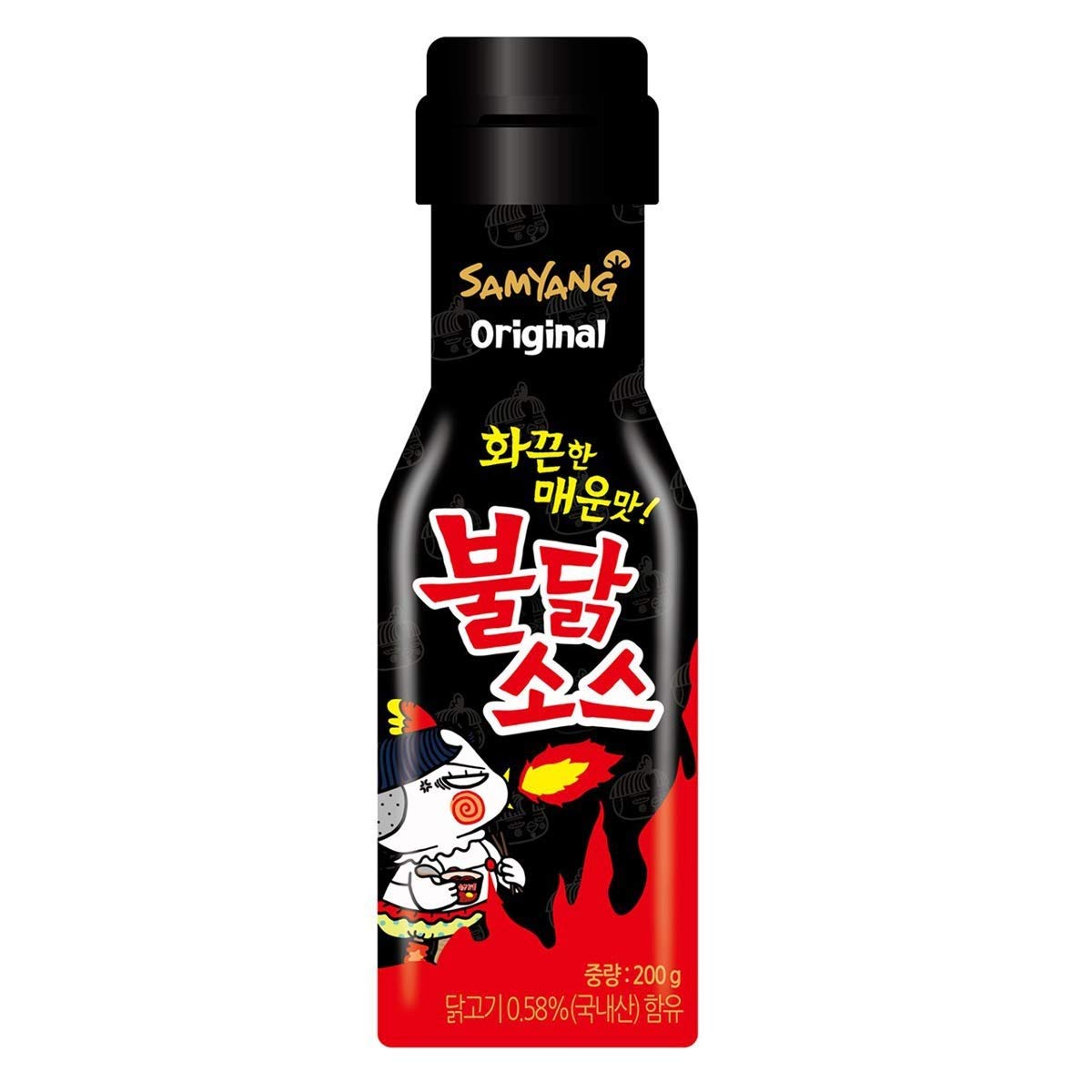Pouring Samyang Carbo Bulldark sauce showing smooth texture for noodles