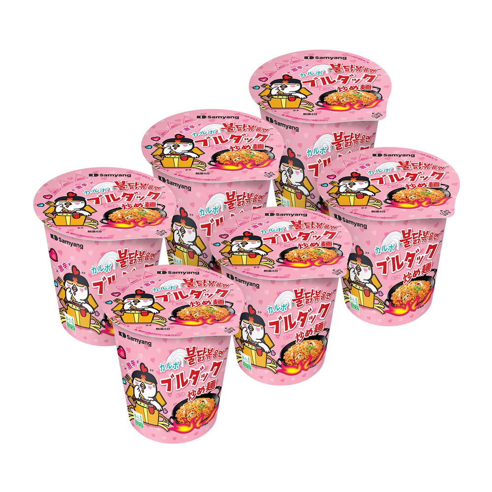 Samyang Carbo Spicy Chicken Cup Noodles six-pack, convenient quick meal option.
