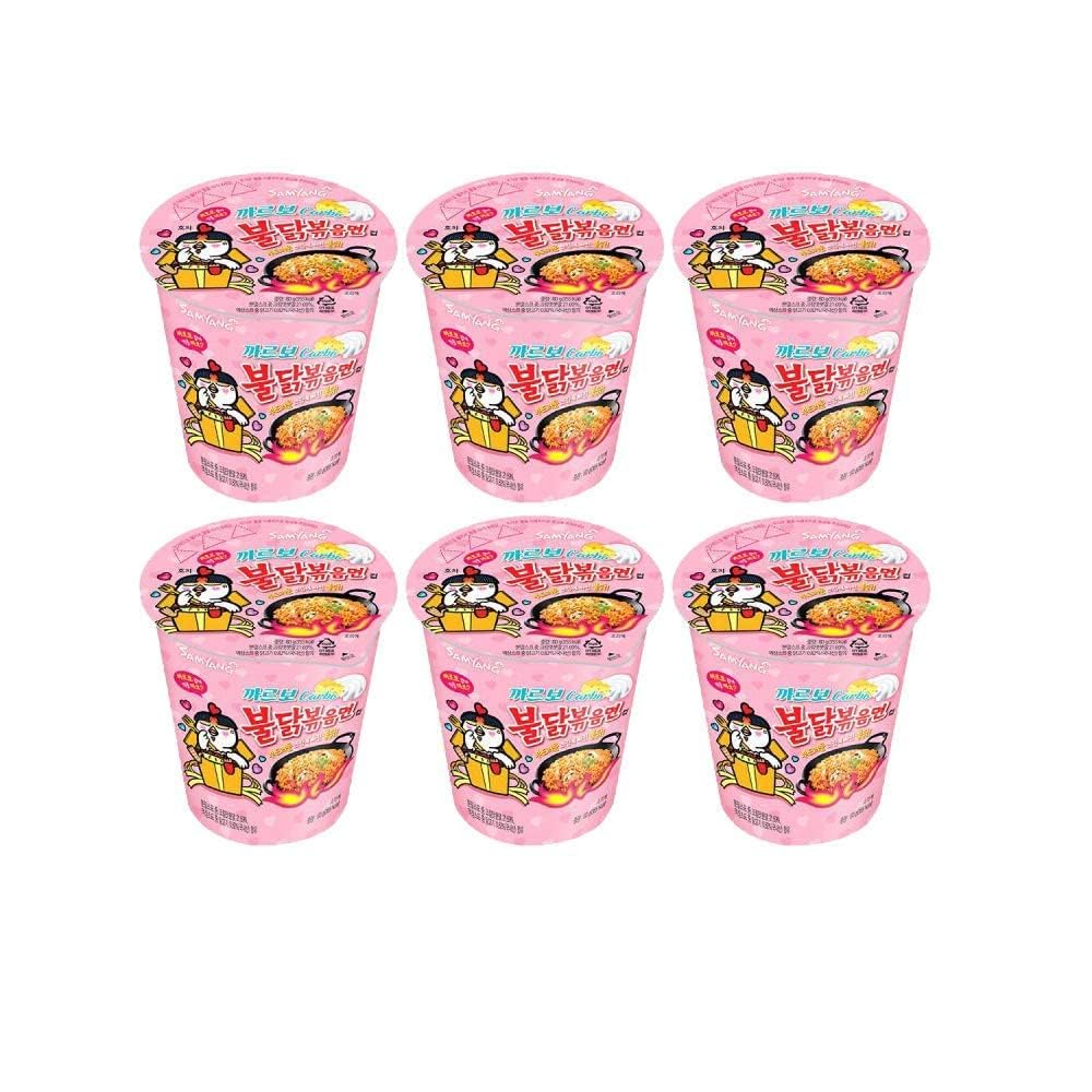 Samyang Carbo Spicy Chicken Cup Noodles pack—ideal six-pack for quick meals on the go.