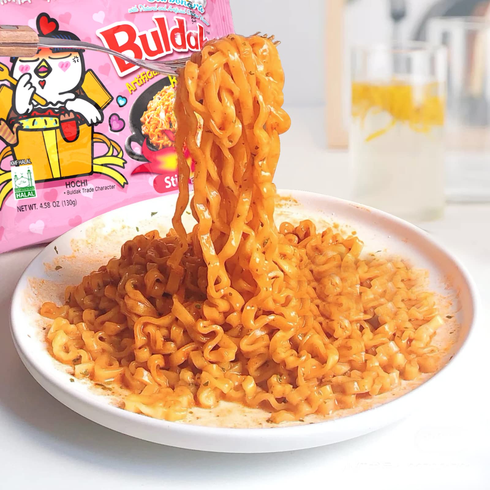 Samyang Carbonara Buldak noodles ready-to-serve: quick, flavorful meal for gatherings.