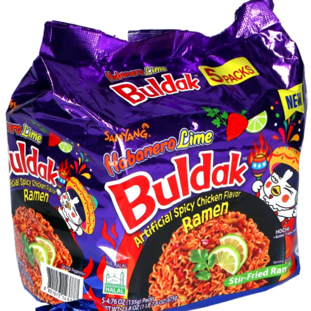 Samyang Habanero Lime Buldak pack of 5 on counter, bold flavor ahead.