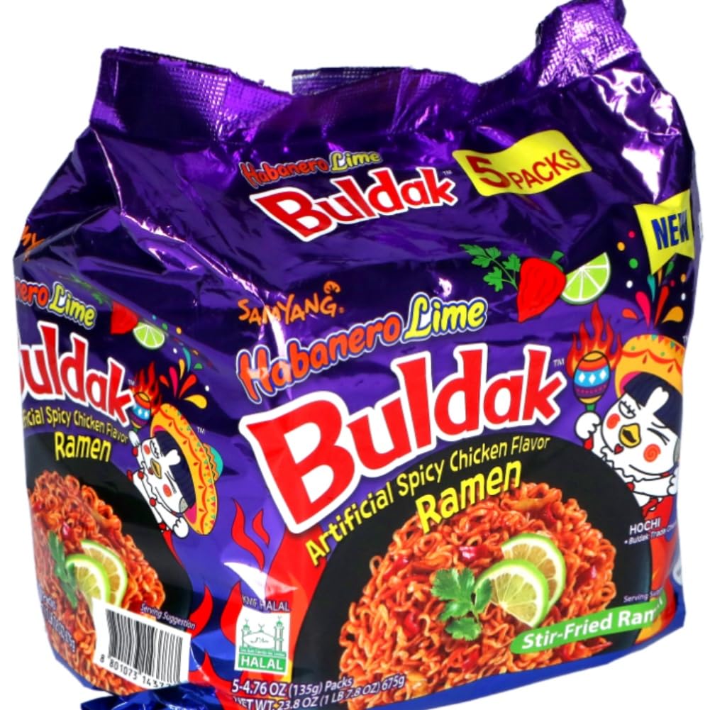 Samyang Habanero Lime Buldak pack of 5 on counter, bold flavor ahead.