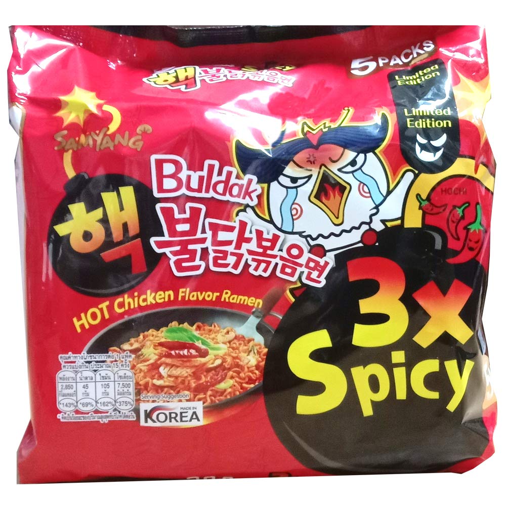 Samyang Hot Chicken Ramen packaging showcasing 3X spicy flavor for quick meals.