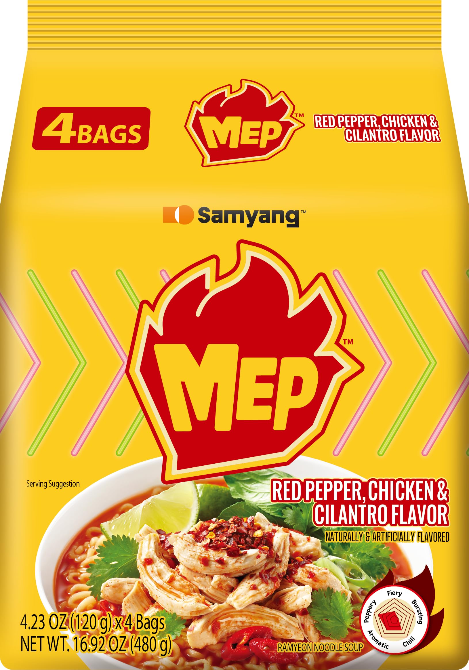 Samyang MEP Chicken Cilantro Ramen pack showing four bags for convenient meals.