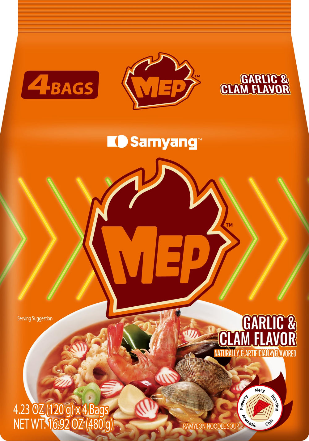 Samyang MEP garlic-clam ramen pack highlighting bold garlic and seafood flavors for a savory meal