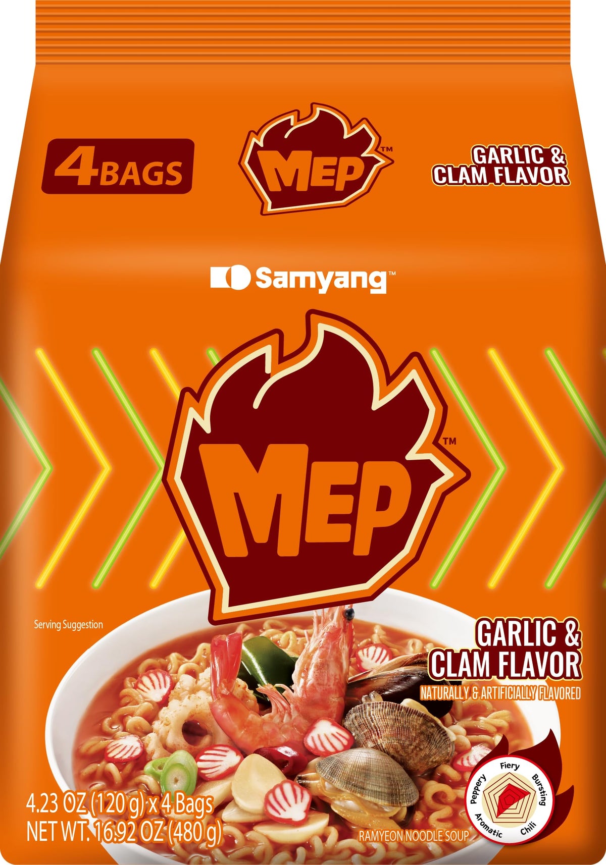 Samyang MEP garlic-clam ramen pack highlighting bold garlic and seafood flavors for a savory meal