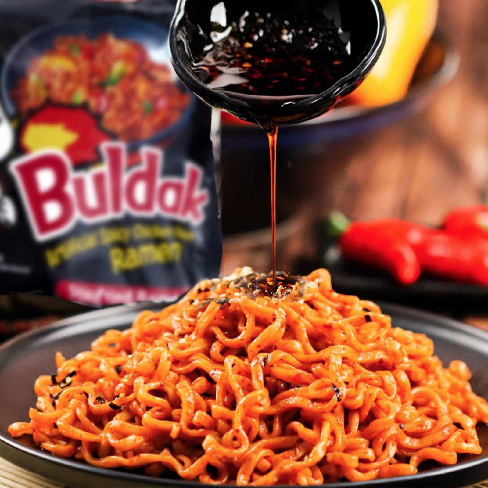 Samyang Original Chicken Buldak ramen, spicy aroma, ideal for gatherings.