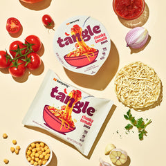 Dried vegetables and TVP flakes add savory texture to SAMYANG linguine.