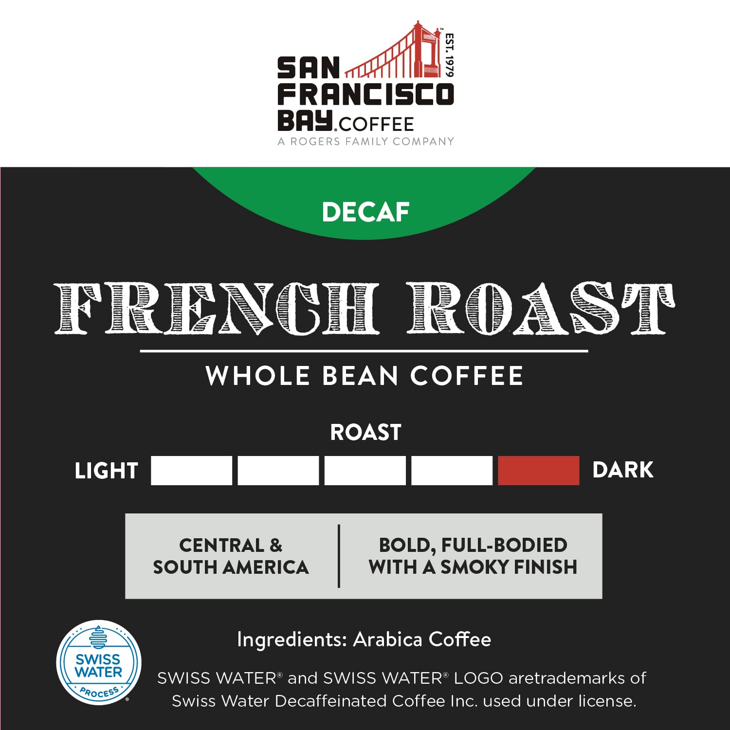 San Francisco Bay 100% arabica beans grown at high altitude.