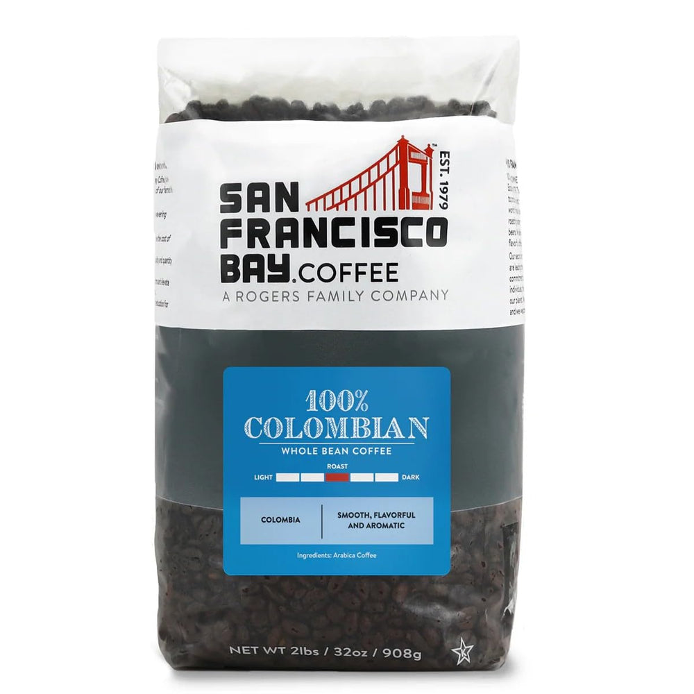 San Francisco Bay Coffee medium roast beans in a 2 lb bag offer rich aroma.