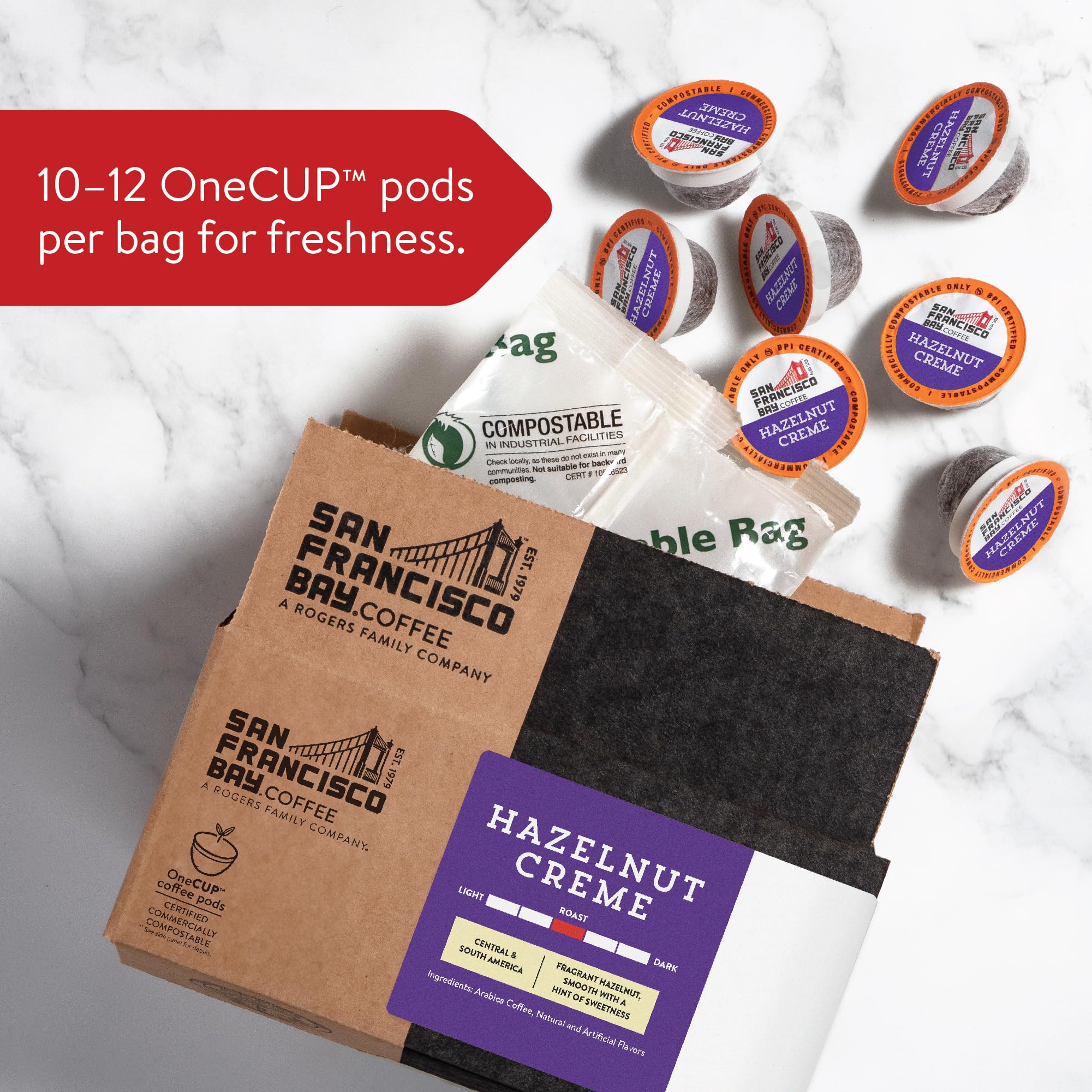 San Francisco Bay compostable pod with BPI label.