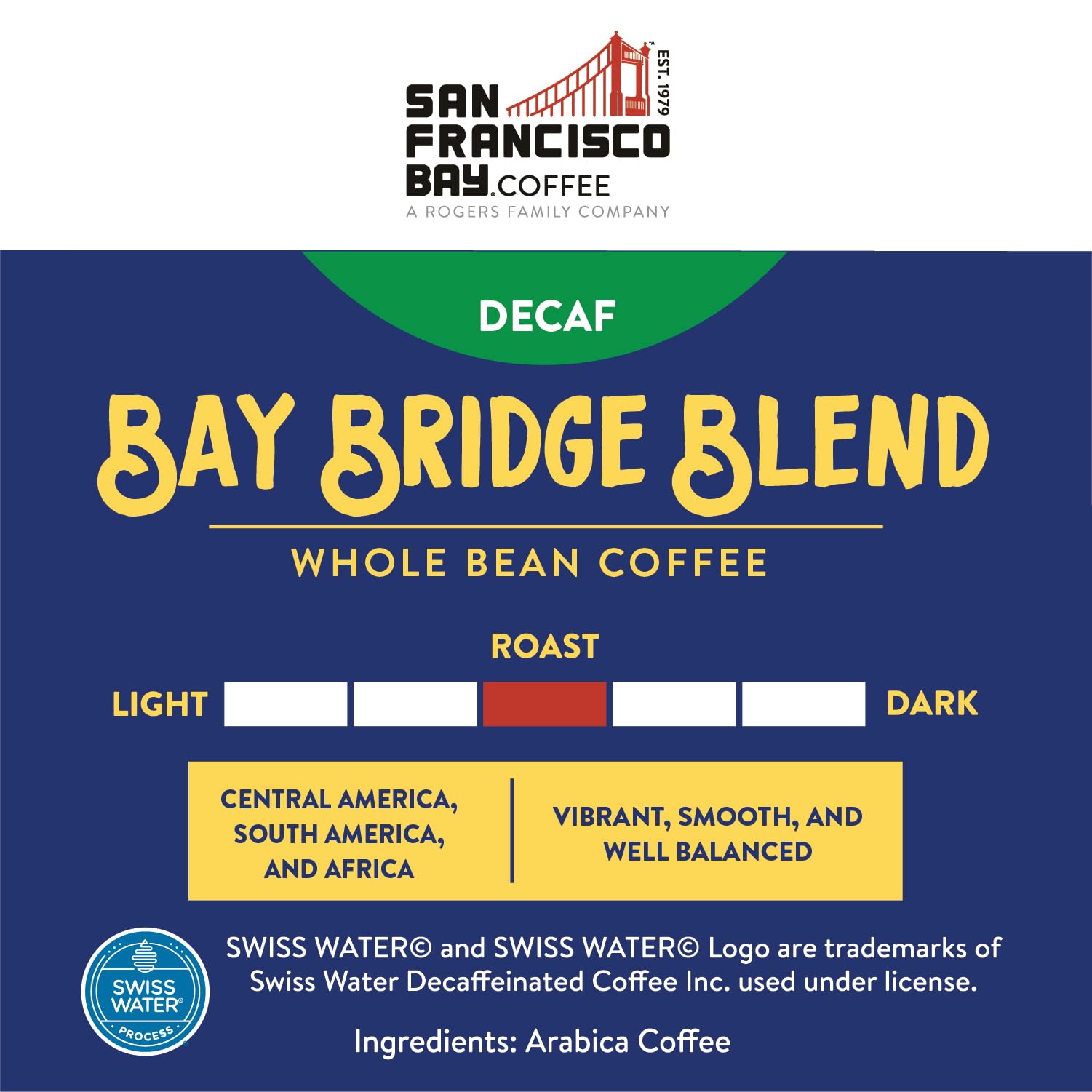 San Francisco Bay Bay Bridge Decaf ground coffee ready for quick brew