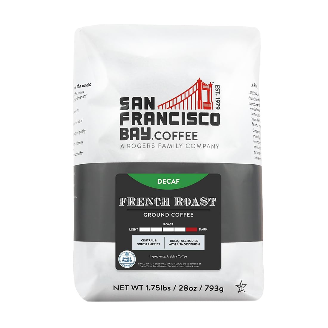 SAN FRANCISCO BAY Decaf Dark Roast bag highlighting bold aroma and smooth finish.