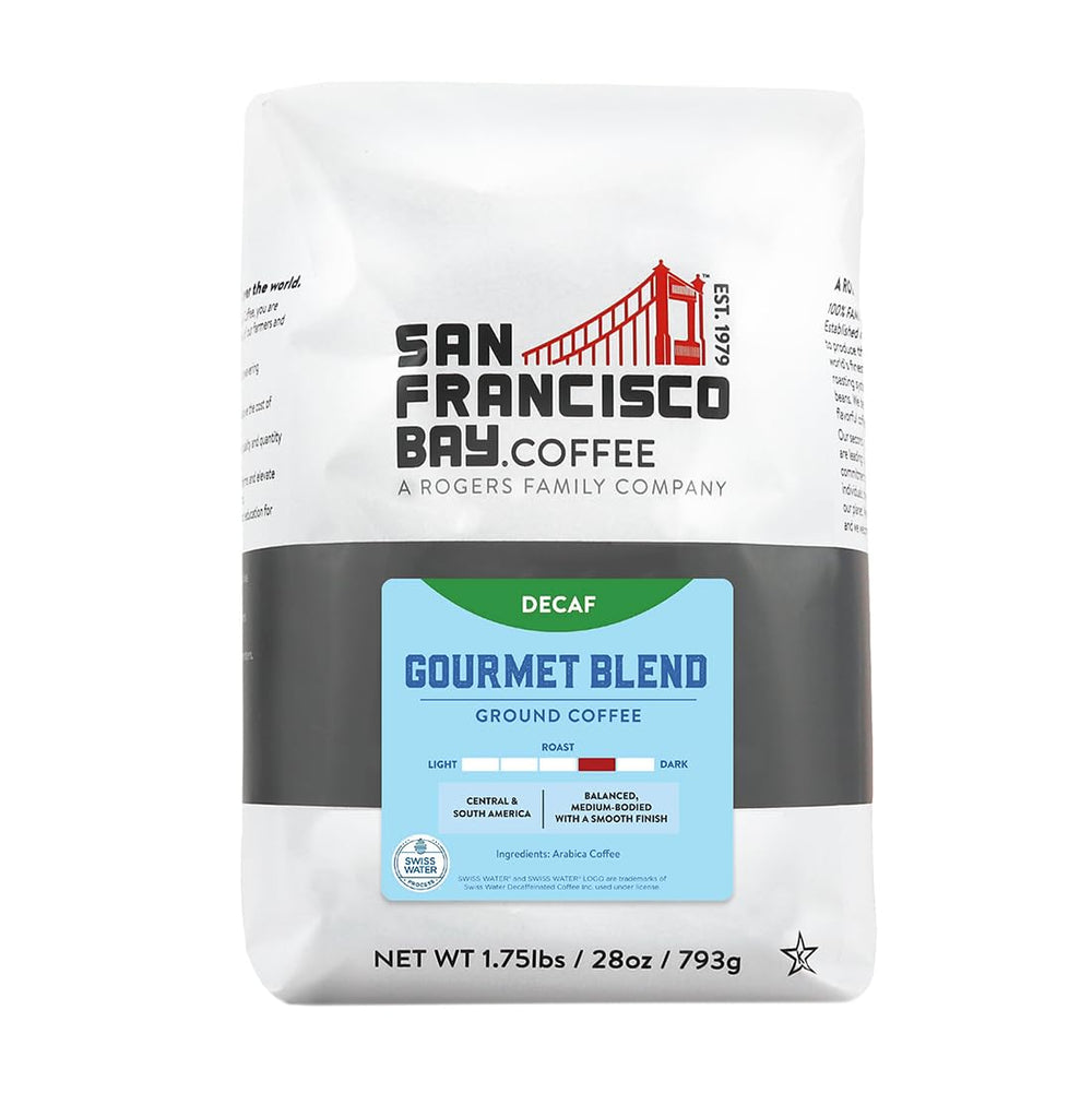 San Francisco Bay Decaf Gourmet Blend bag front ready for brewing.