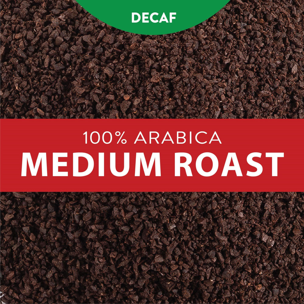 San Francisco Bay Decaf Gourmet Blend pack beside glass inviting flavor.