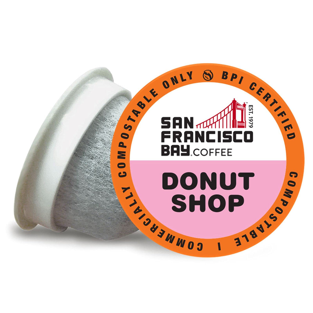 San Francisco Bay Donut Shop pod close-up highlighting eco-friendly packaging for sustainable brewing.