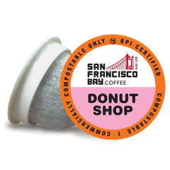 San Francisco Bay Donut Shop pods packshot shows convenient, compostable single-serve coffee.