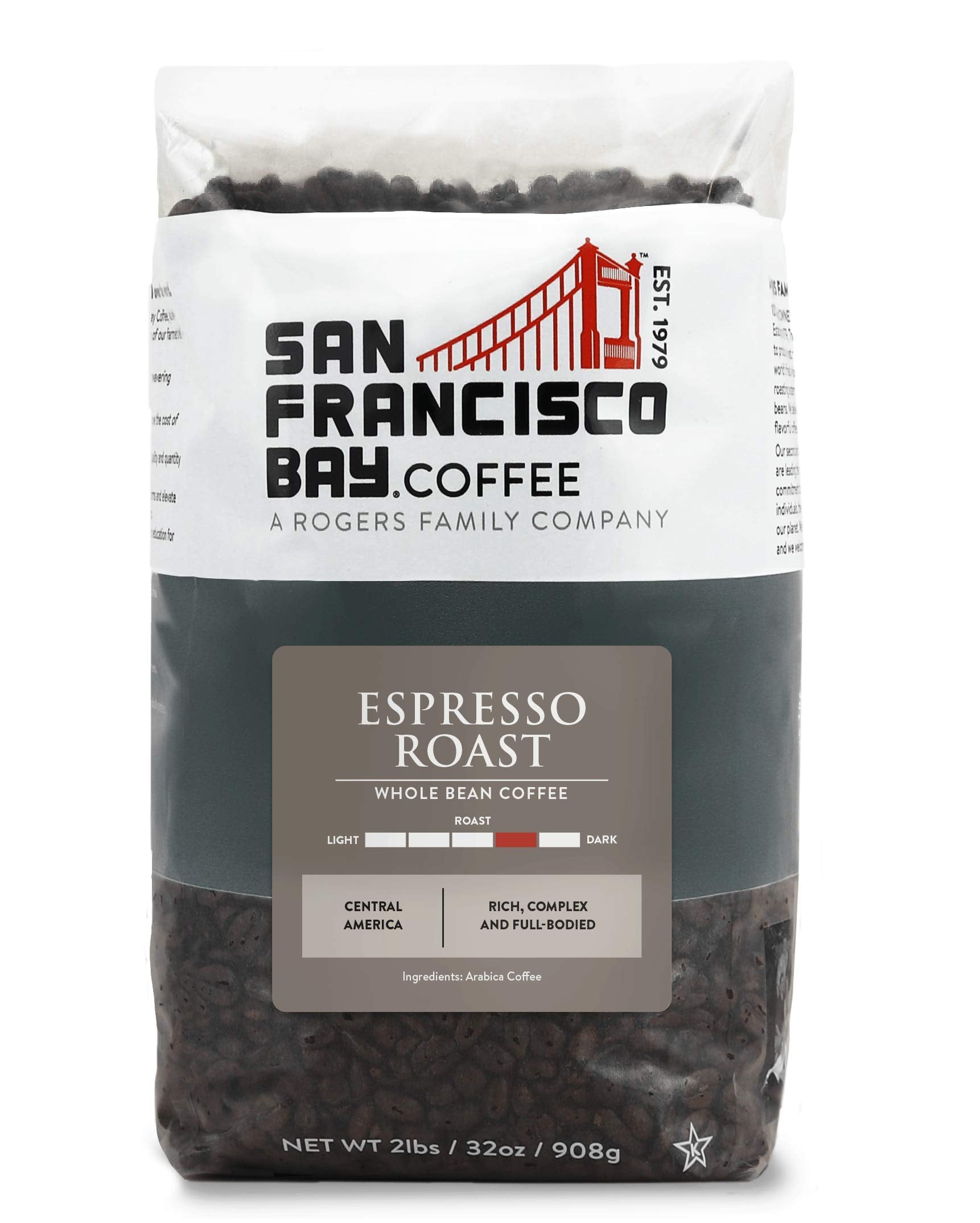 San Francisco Bay Espresso Roast whole beans with rich aroma for home brewing.