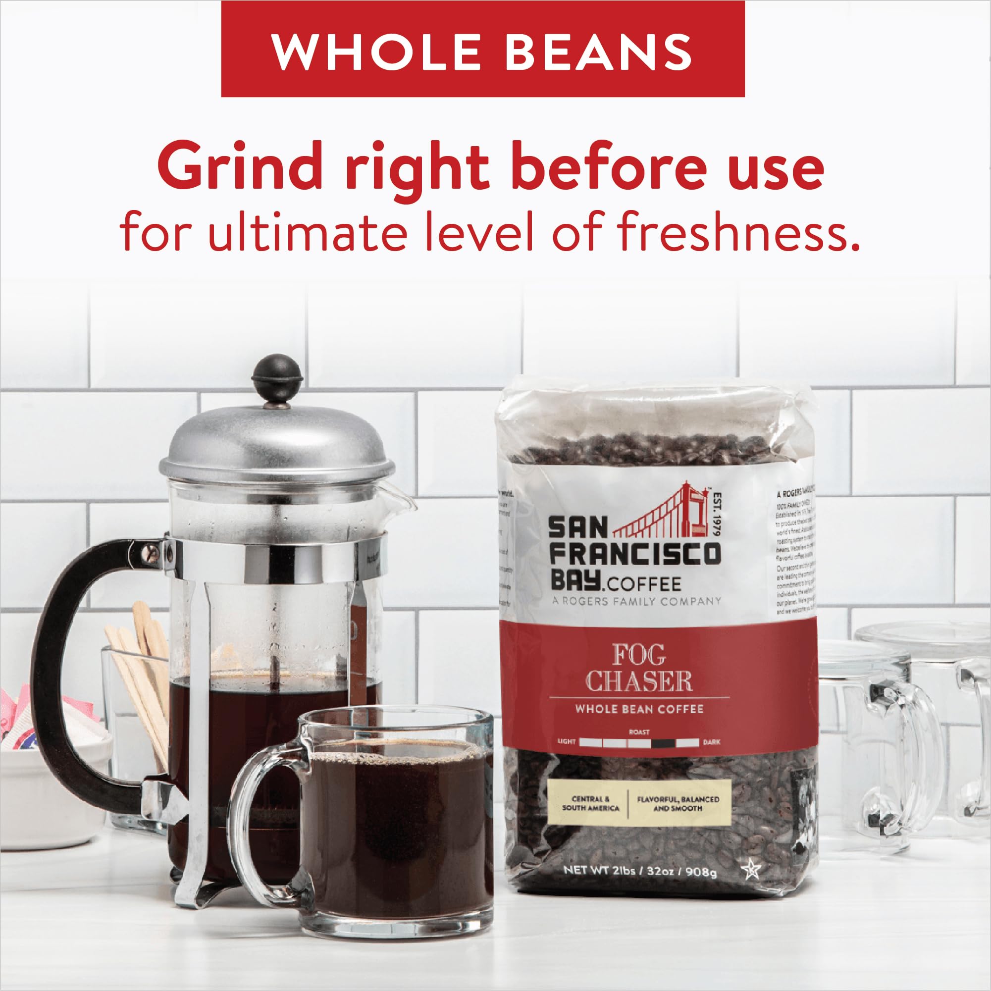 San Francisco Bay Fog Chaser arabica beans image emphasizes high-altitude hand-picked sourcing