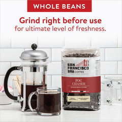 San Francisco Bay Fog Chaser arabica beans image emphasizes high-altitude hand-picked sourcing