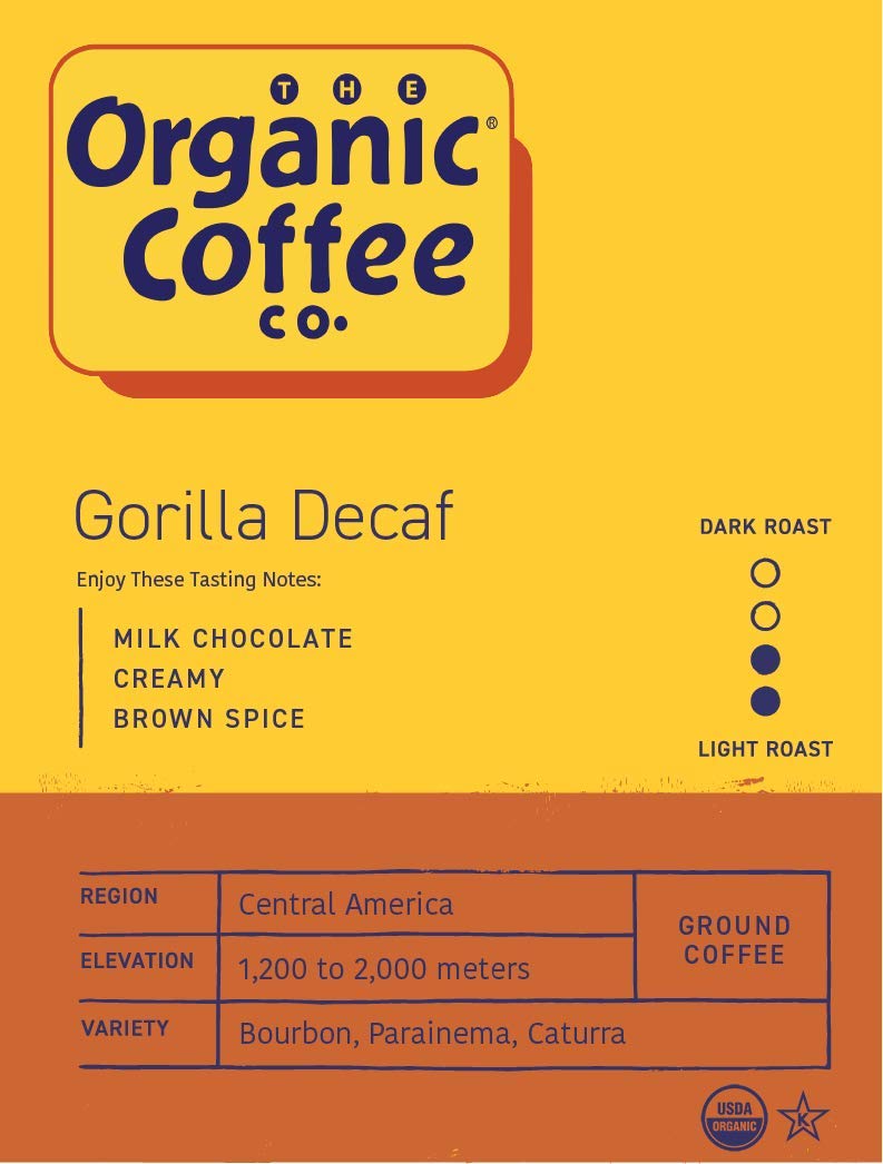 SAN FRANCISCO BAY Gorilla Decaf brewed coffee poured into a mug, inviting aroma.