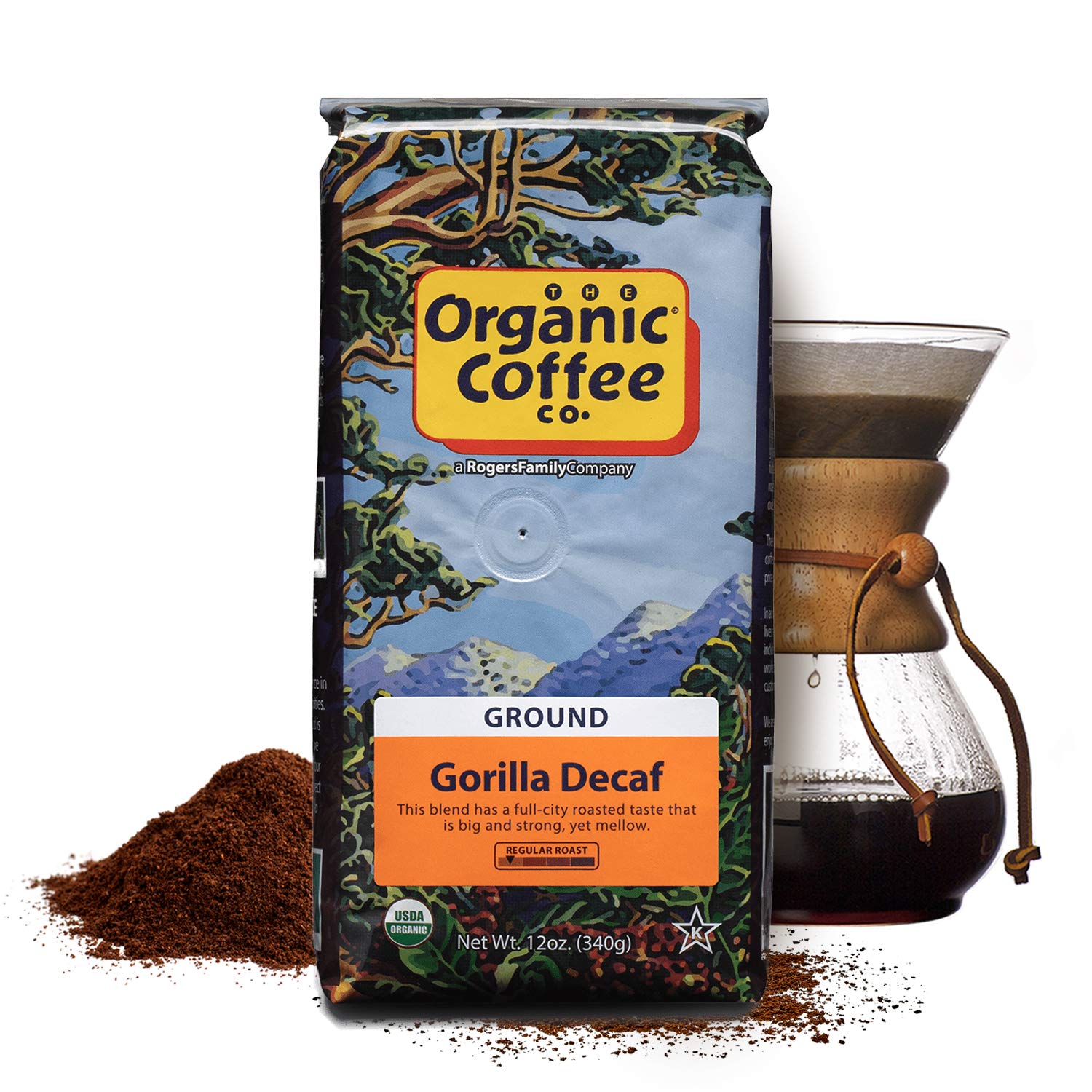 SAN FRANCISCO BAY Gorilla Decaf package on a kitchen shelf, showcasing organic certification.