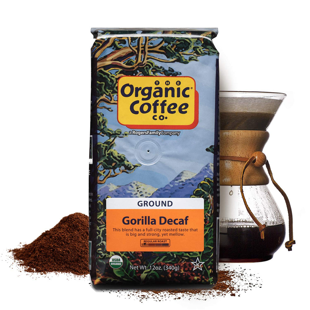 SAN FRANCISCO BAY Gorilla Decaf package on a kitchen shelf, showcasing organic certification.