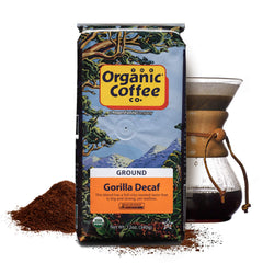 SAN FRANCISCO BAY Gorilla Decaf package on a kitchen shelf, showcasing organic certification.