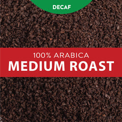 San Francisco Bay Bay Bridge Blend label closeup, Swiss Water decaf uses no chemicals.