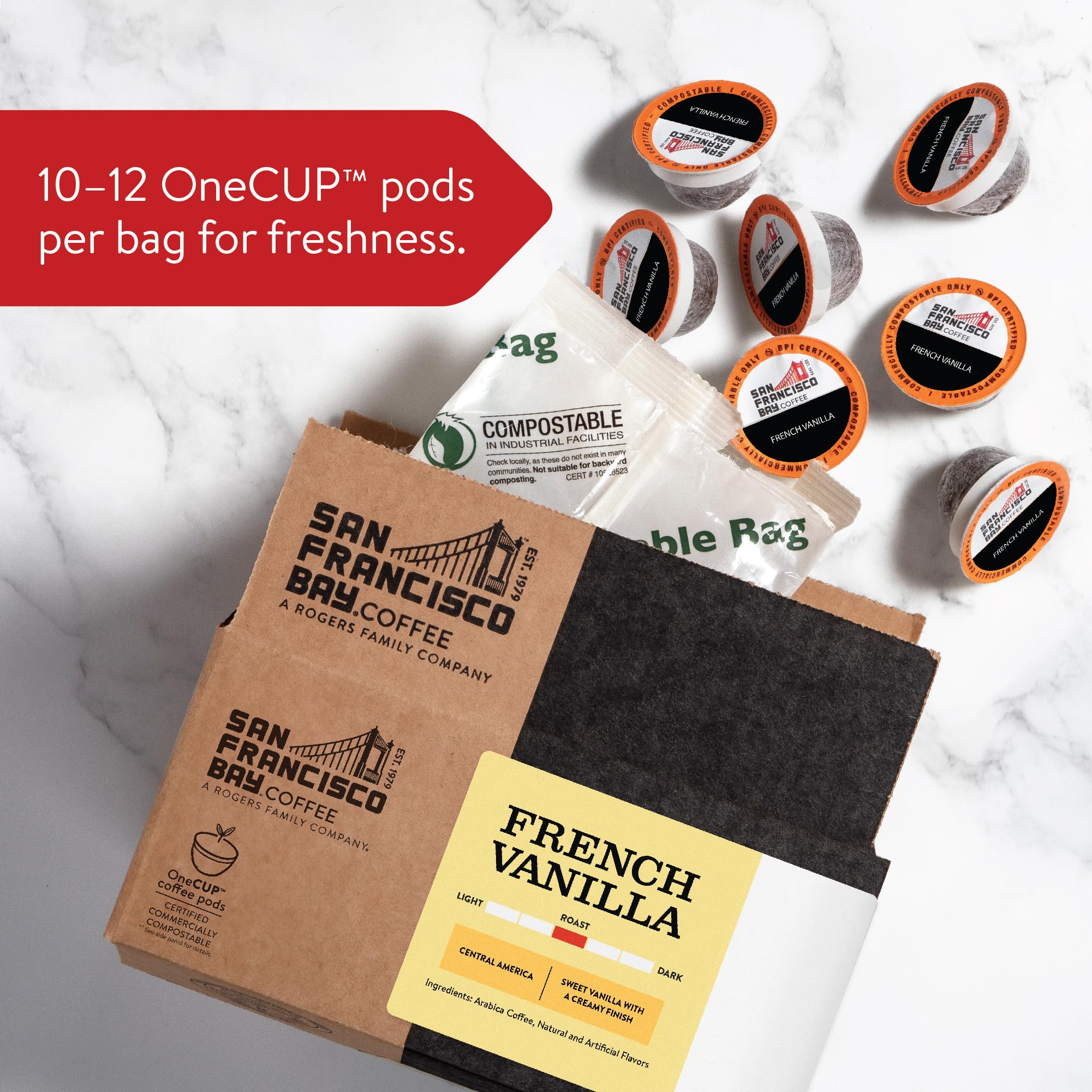 Sustainability badge shown with SF Bay pods for greener office coffee.