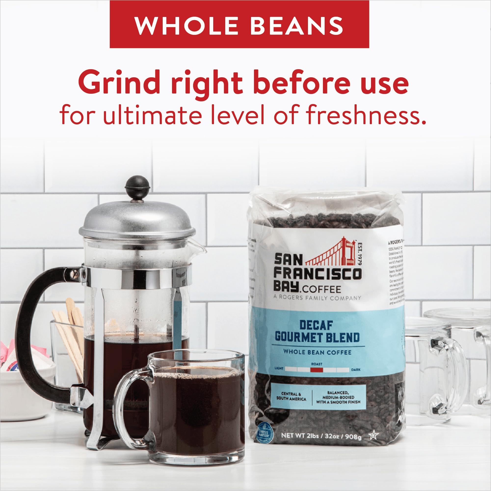Swiss Water Process seal highlighting chemical-free decaf.