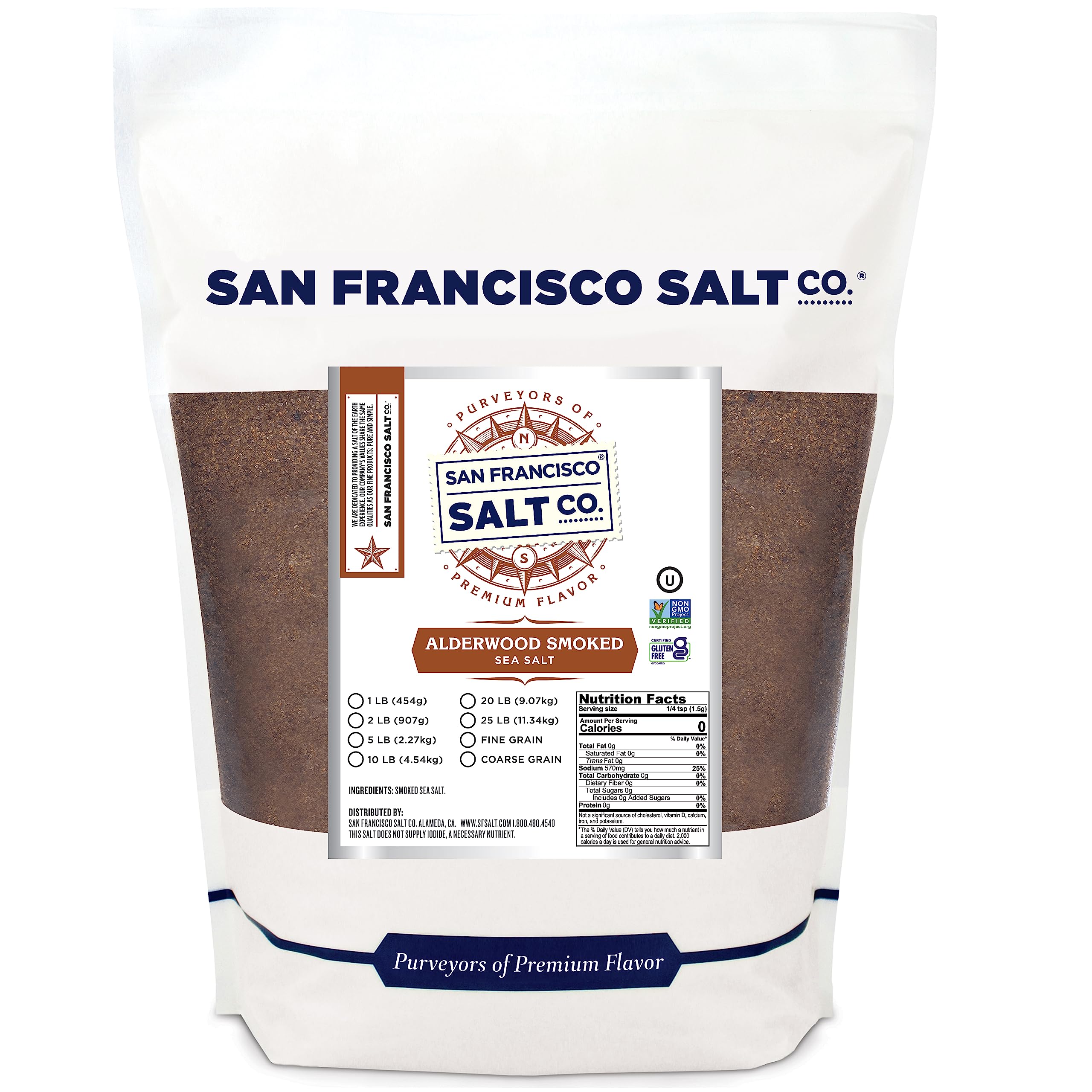 San Francisco Salt Company Alderwood Smoked Sea Salt, fine grain, enhances seafood flavor.