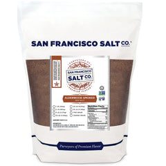 San Francisco Salt Company Alderwood Smoked Sea Salt, fine grain, enhances seafood flavor.