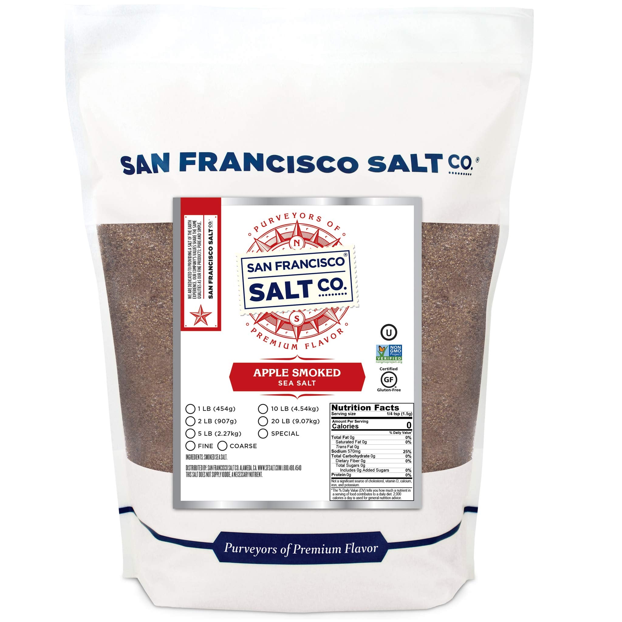 San Francisco Salt Company Applewood Smoked Sea Salt bottle, finishing salt for meals.