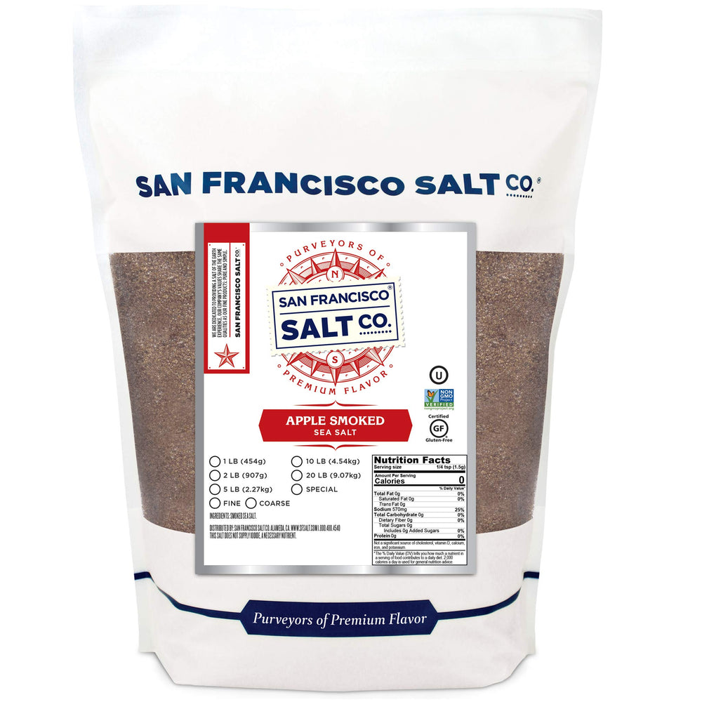San Francisco Salt Company Applewood Smoked Sea Salt bottle, finishing salt for meals.
