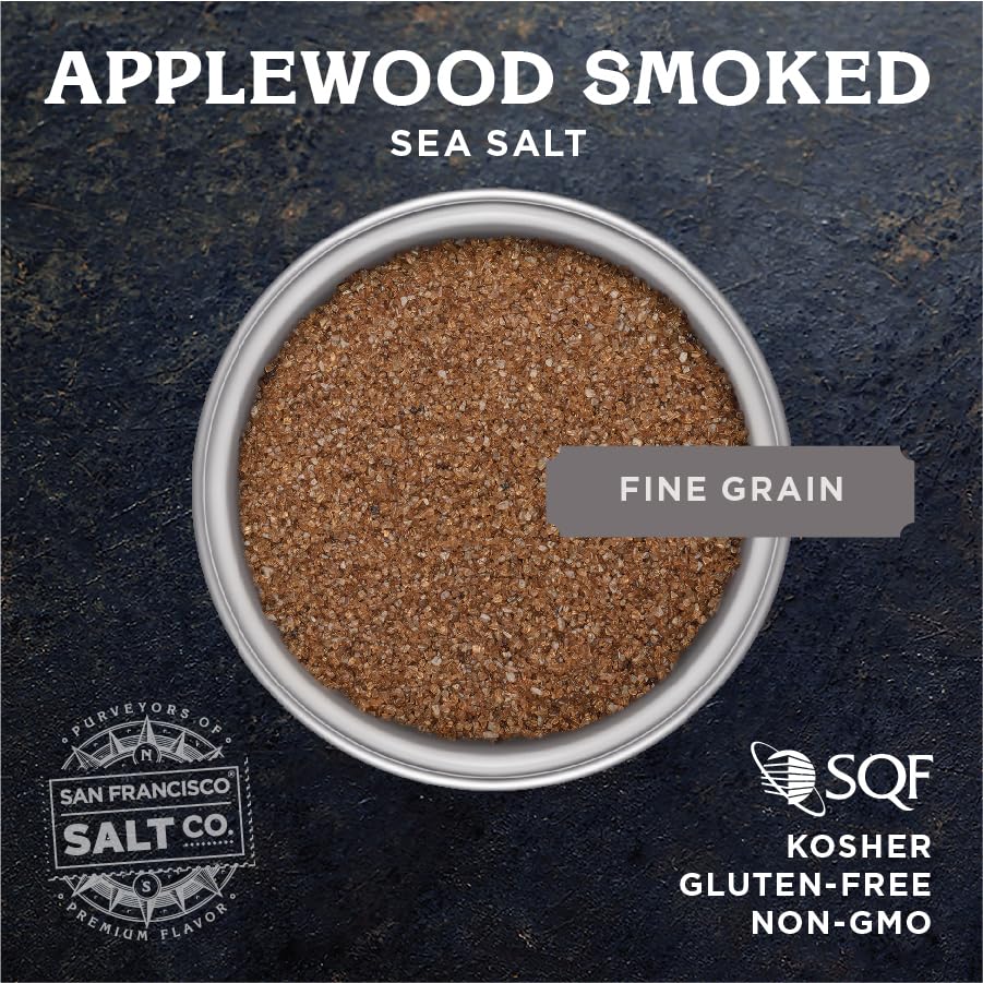 San Francisco Salt Company Applewood Smoked Sea Salt granules close-up with smoky aroma.