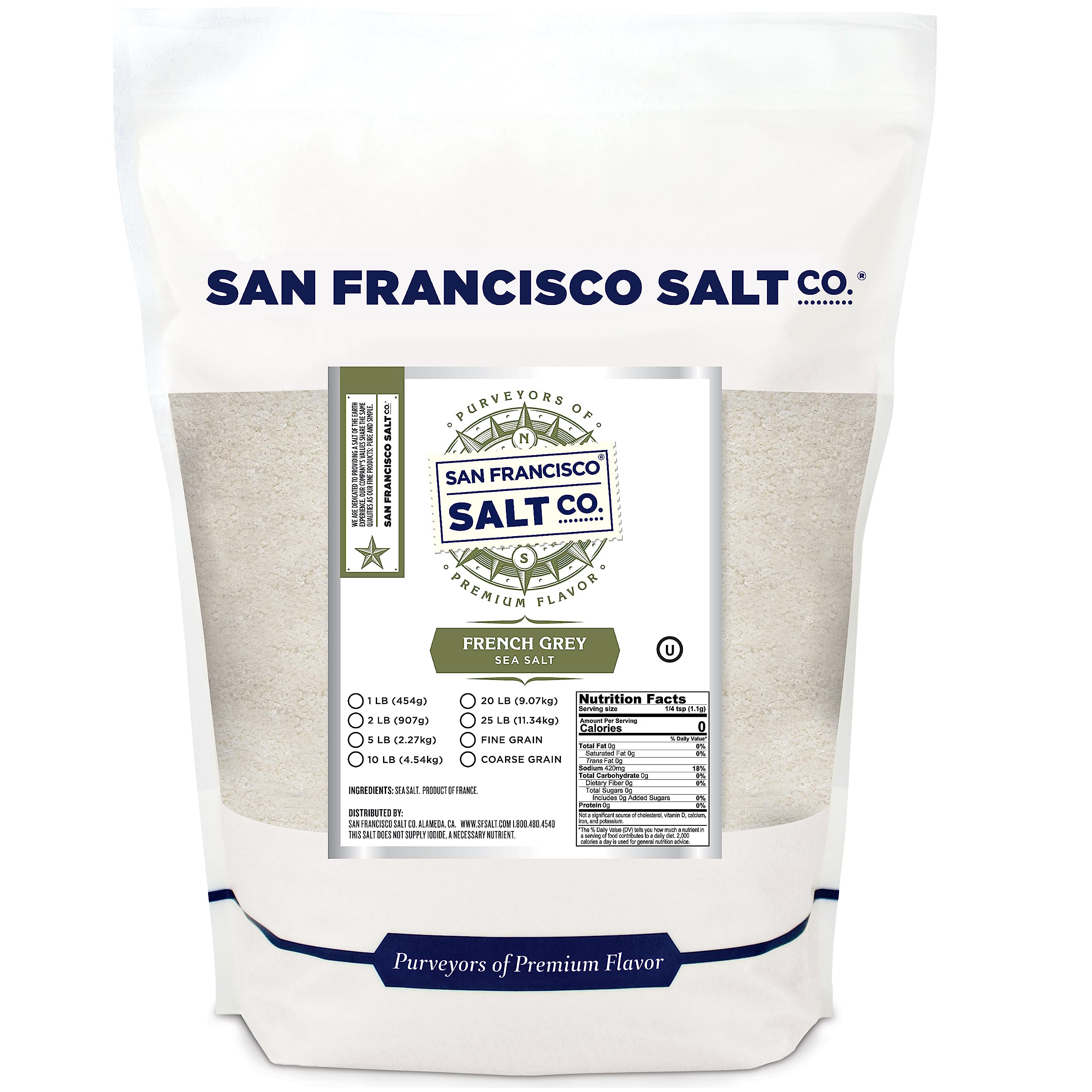 San Francisco Salt Co French Grey Sea Salt 2lb bag, versatile for seasoning meats and seafood.