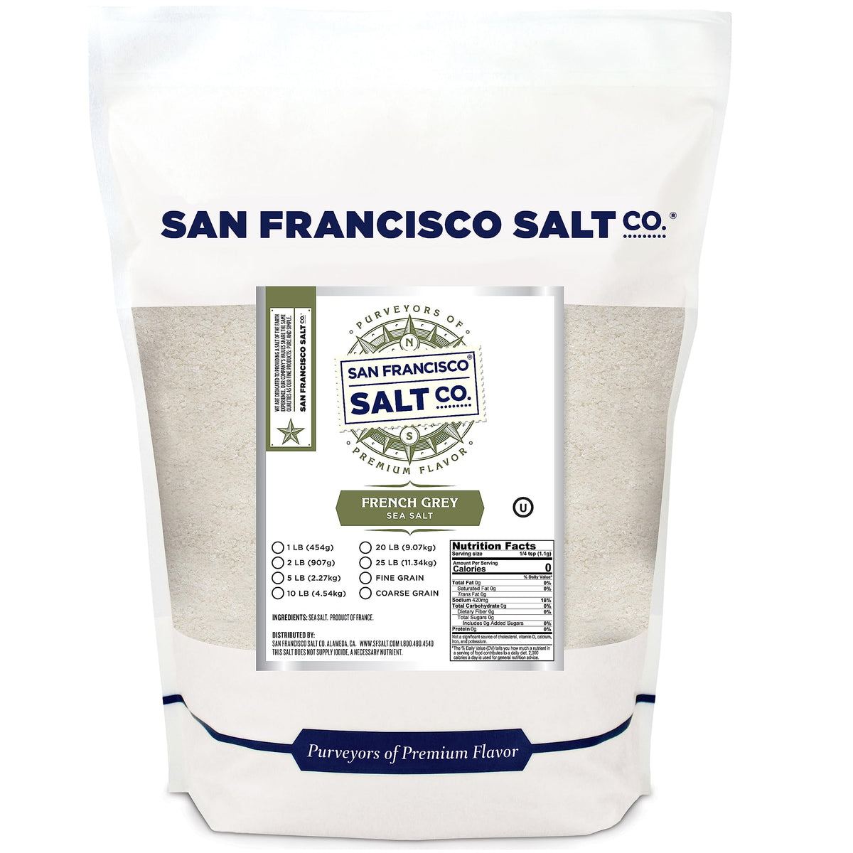 San Francisco Salt Co French Grey Sea Salt 2lb bag, versatile for seasoning meats and seafood.