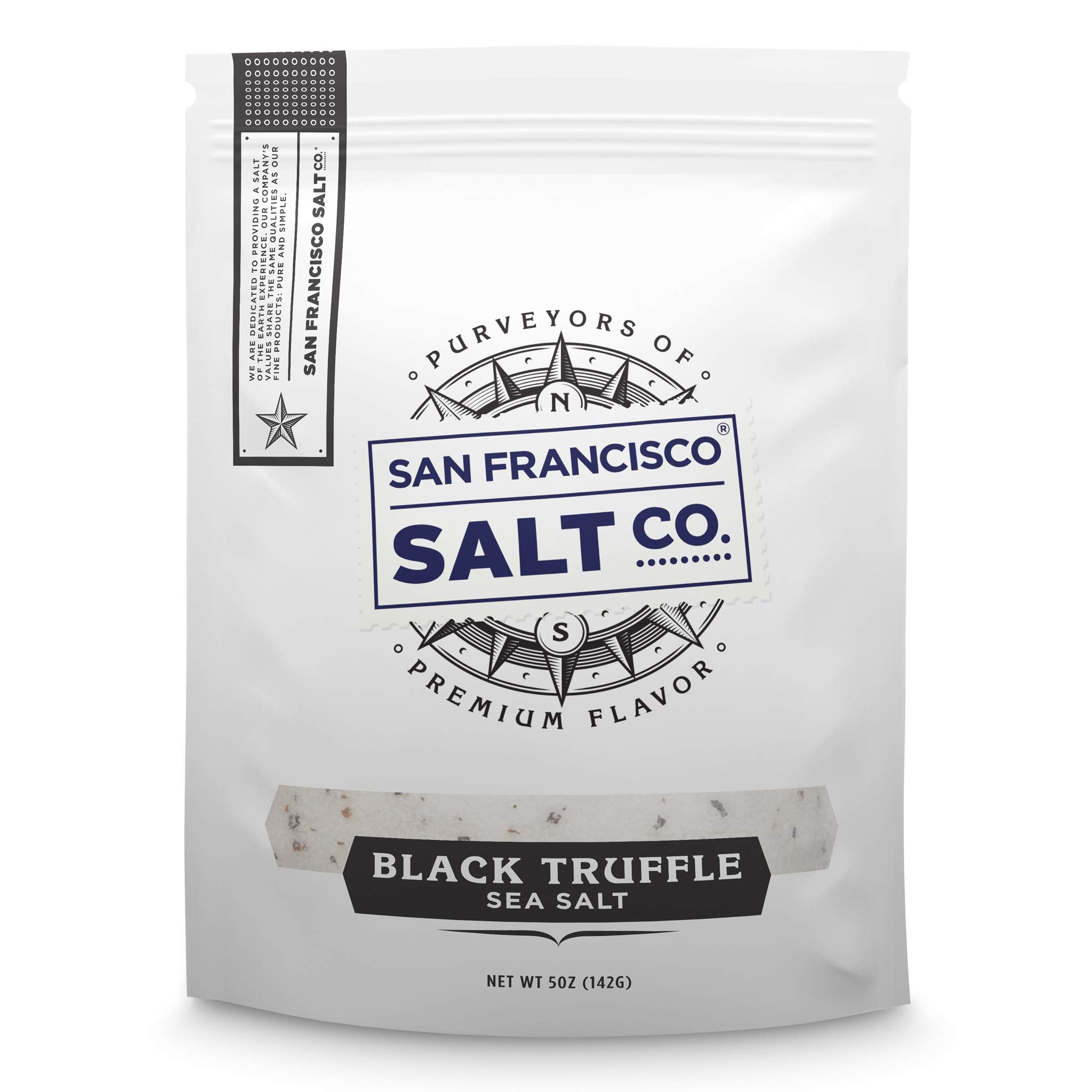 San Francisco Salt Company Italian Black Truffle Salt pouch closeup showing premium aroma.