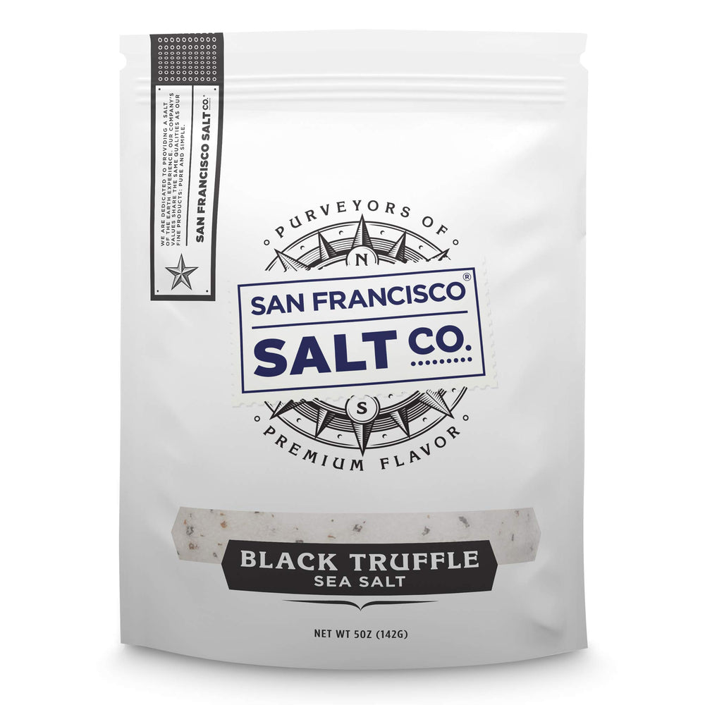 San Francisco Salt Company Italian Black Truffle Salt pouch closeup showing premium aroma.